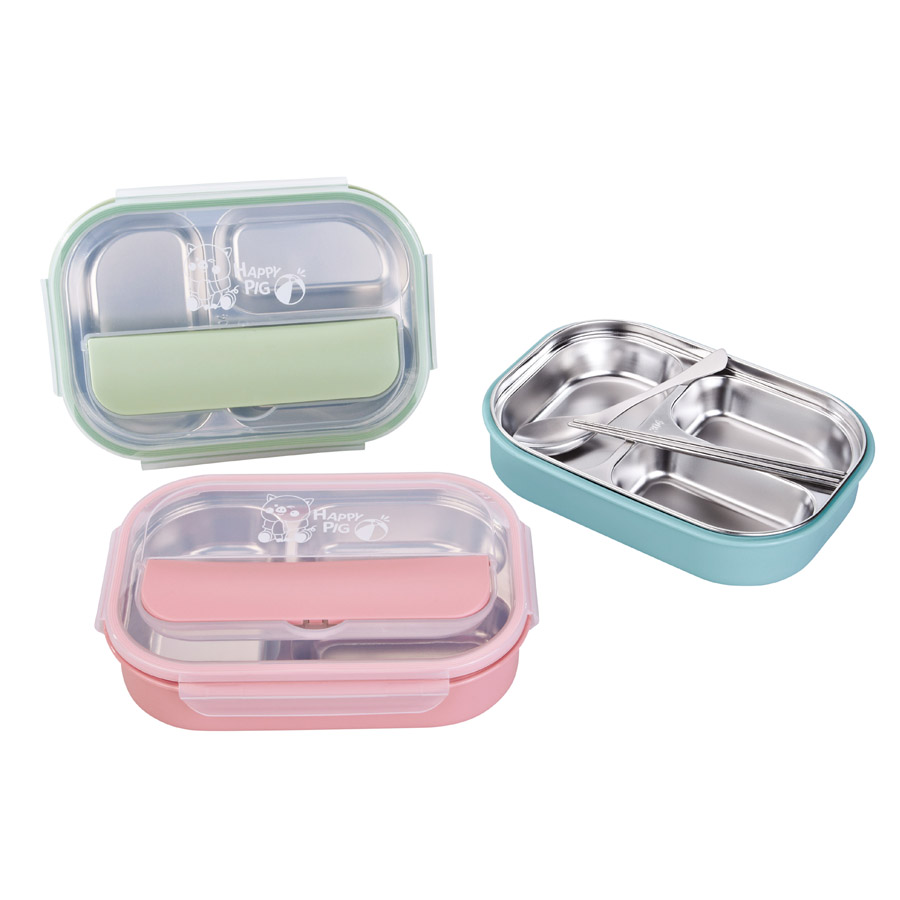 R-8845 美時(shí)不銹鋼套裝飯盒（3格）材質(zhì)：PP+304不銹鋼 產(chǎn)品尺寸：（cm）長25.5x寬18.2x高6.jpg